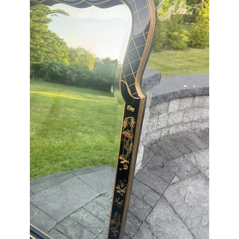 Chinoiserie Black Lacquer Mirror Gold Asian Pagoda Beveled Wall Mirror 43x25”
